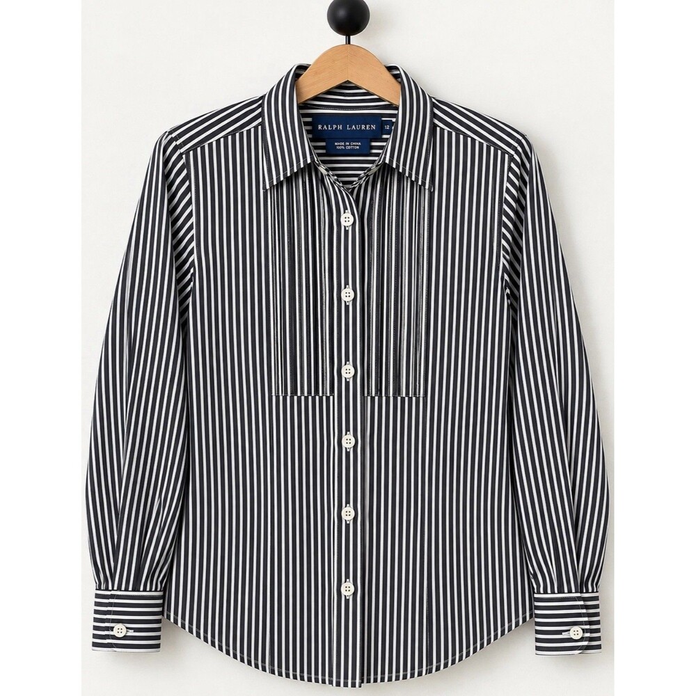 Ralph Lauren Women's Classic Size 12 Striped Pleated Panel Button Down Shirt